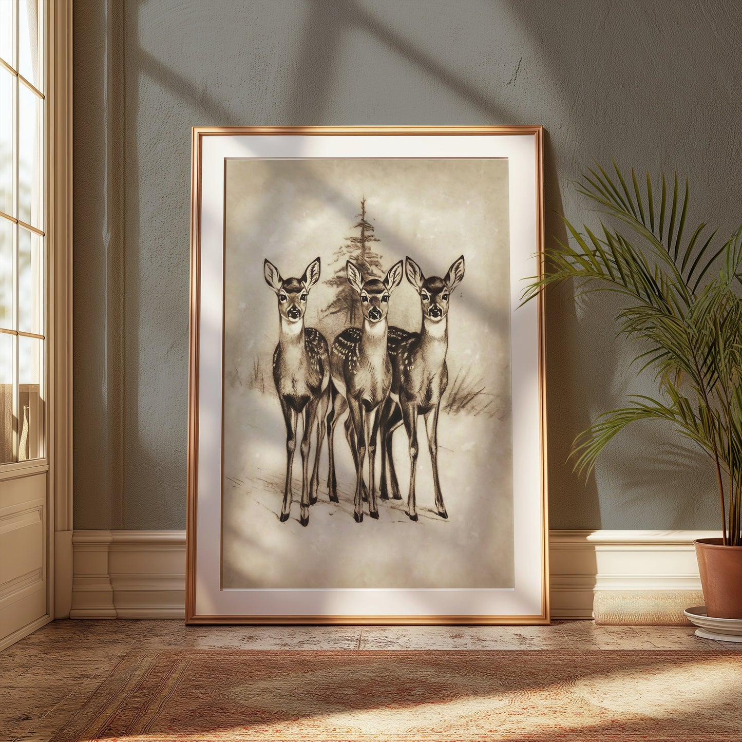 Premium Poster of Adorable Three Deer in Snowy Forest Posters