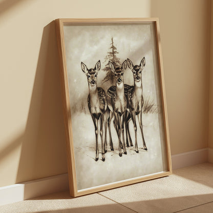 Premium Poster of Adorable Three Deer in Snowy Forest Posters