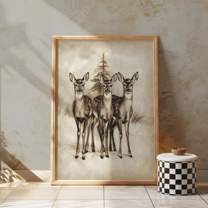 Premium Poster of Adorable Three Deer in Snowy Forest Posters