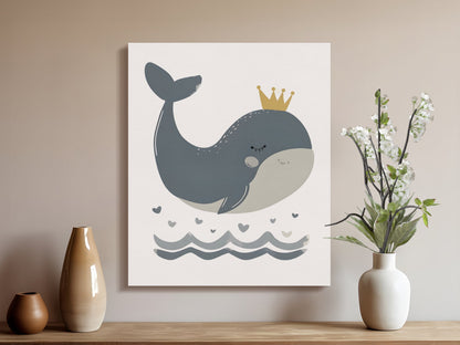 Premium Poster of Adorable Whale With Crown Nursery Wall Art Canvas Wraps