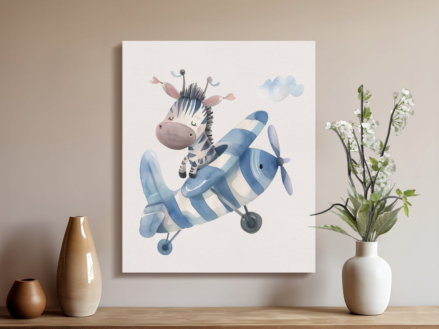 Premium Poster of Adorable Zebra Pilot Flying Plane Canvas Wraps