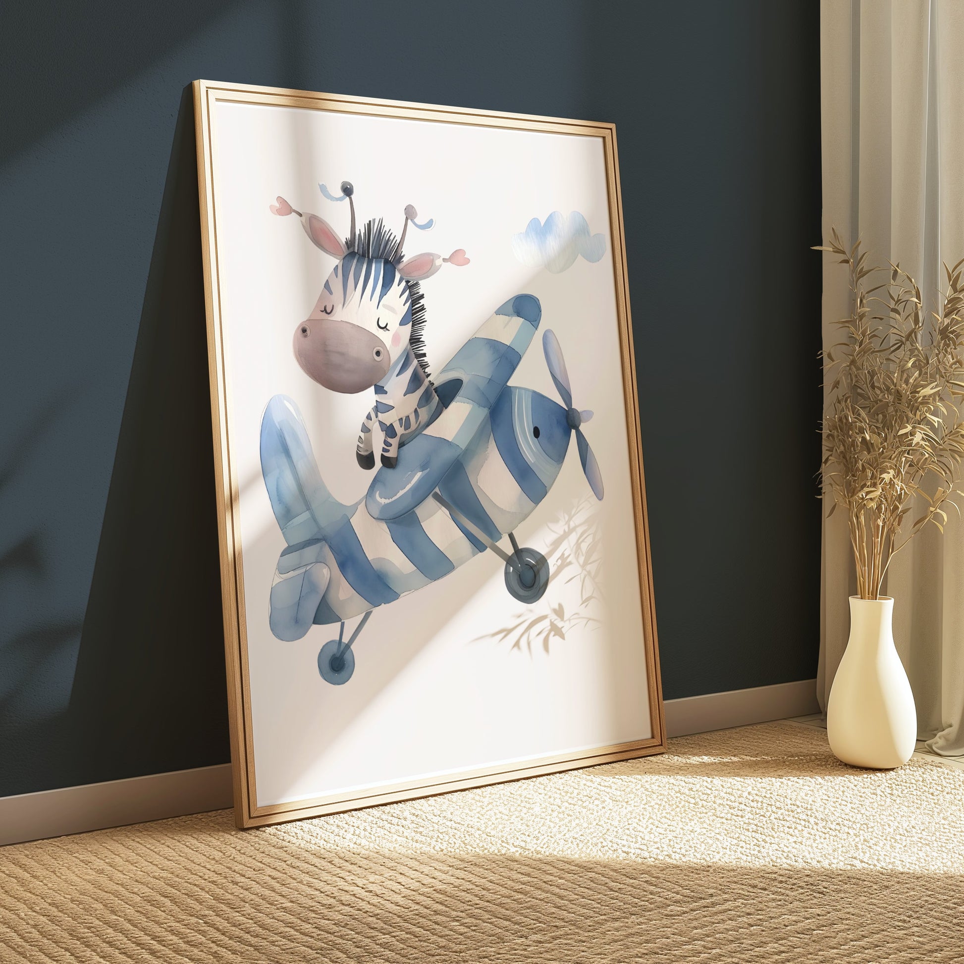 Premium Poster of Adorable Zebra Piloting a Blue Airplane Posters