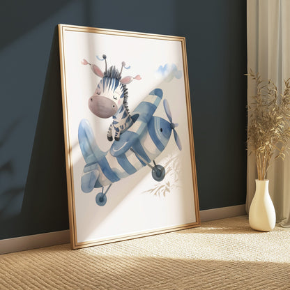 Premium Poster of Adorable Zebra Piloting a Blue Airplane Posters