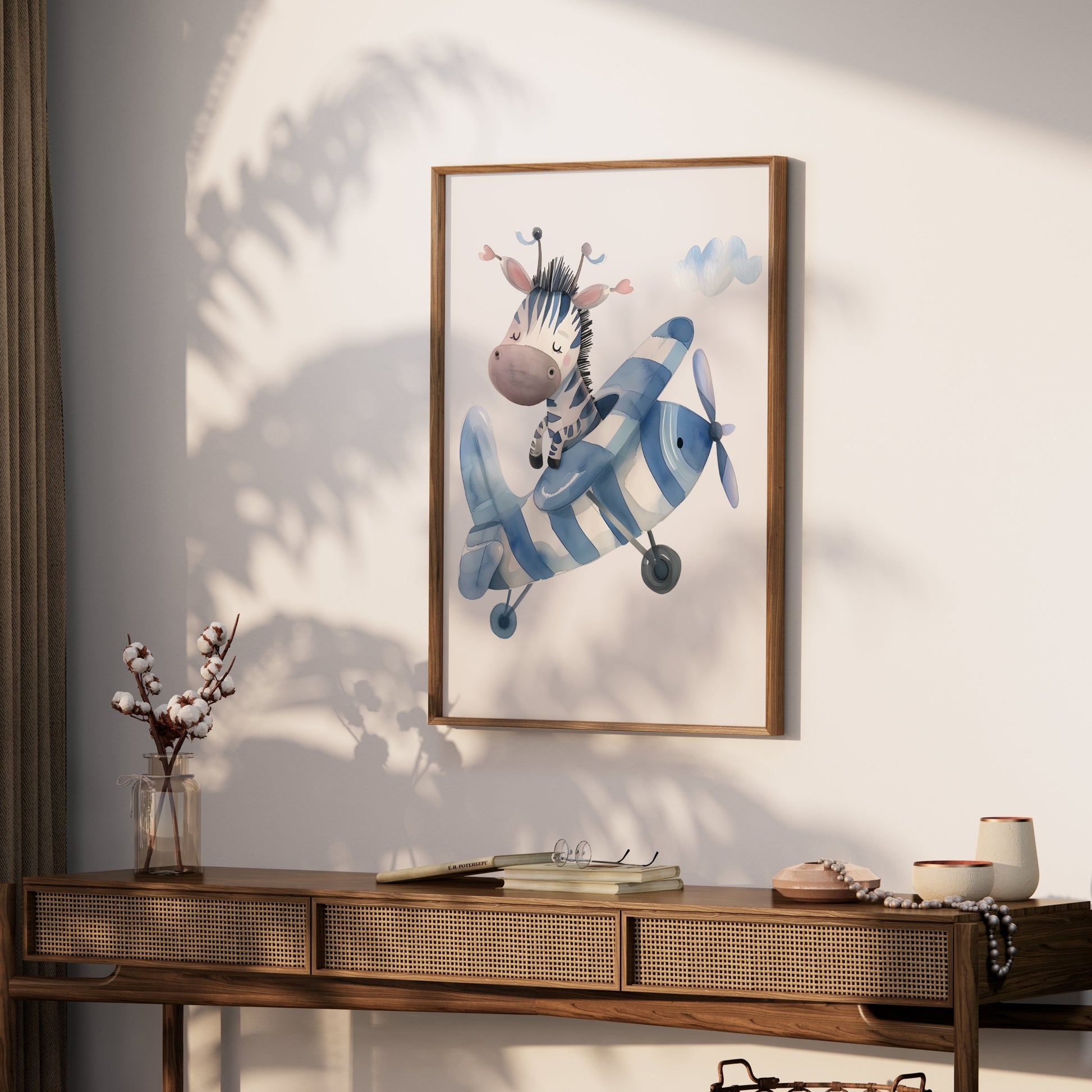 Premium Poster of Adorable Zebra Piloting a Blue Airplane Posters