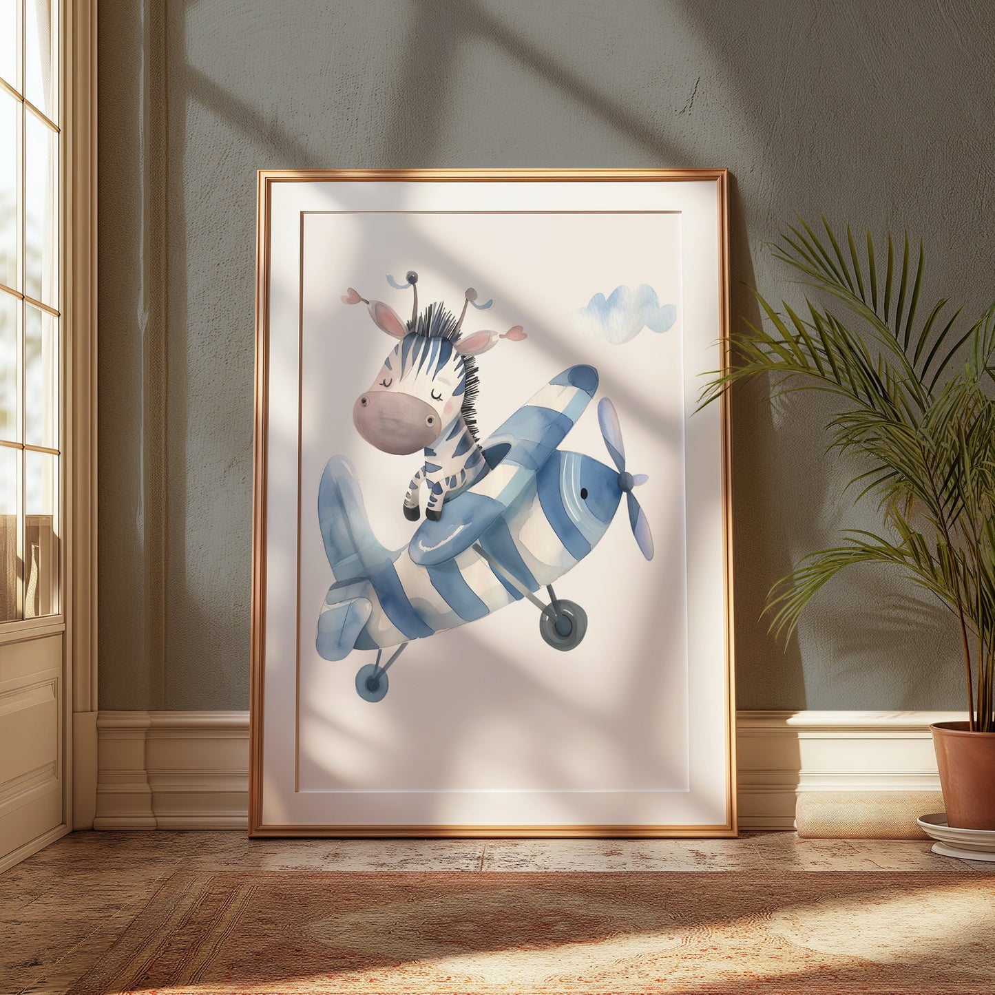 Premium Poster of Adorable Zebra Piloting a Blue Airplane Posters