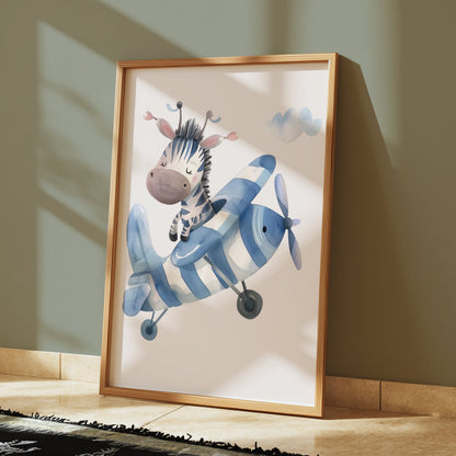 Premium Poster of Adorable Zebra Piloting a Blue Airplane Posters