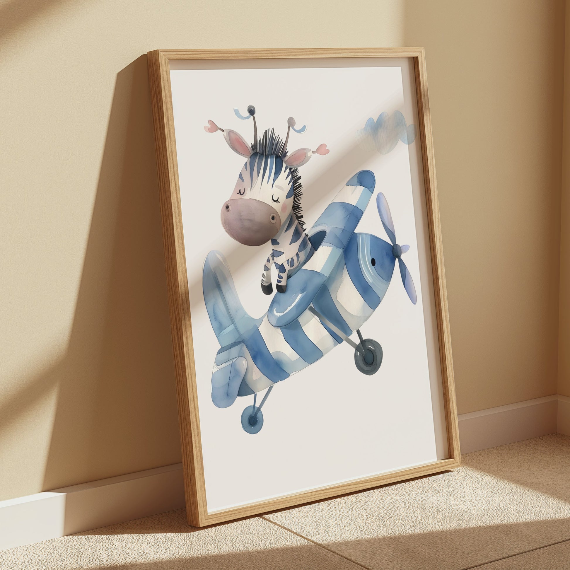 Premium Poster of Adorable Zebra Piloting a Blue Airplane Posters