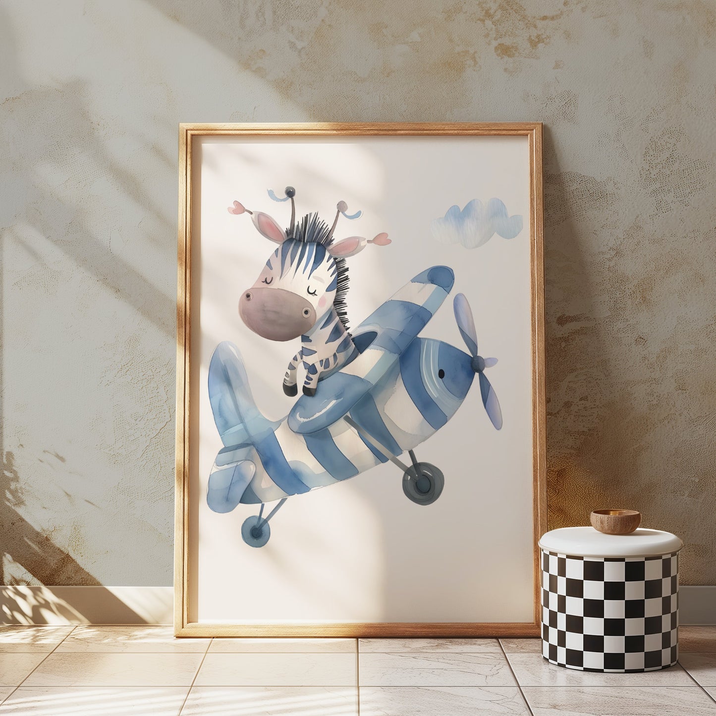 Premium Poster of Adorable Zebra Piloting a Blue Airplane Posters