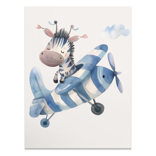 Premium Poster of Adorable Zebra Piloting a Blue Airplane Posters