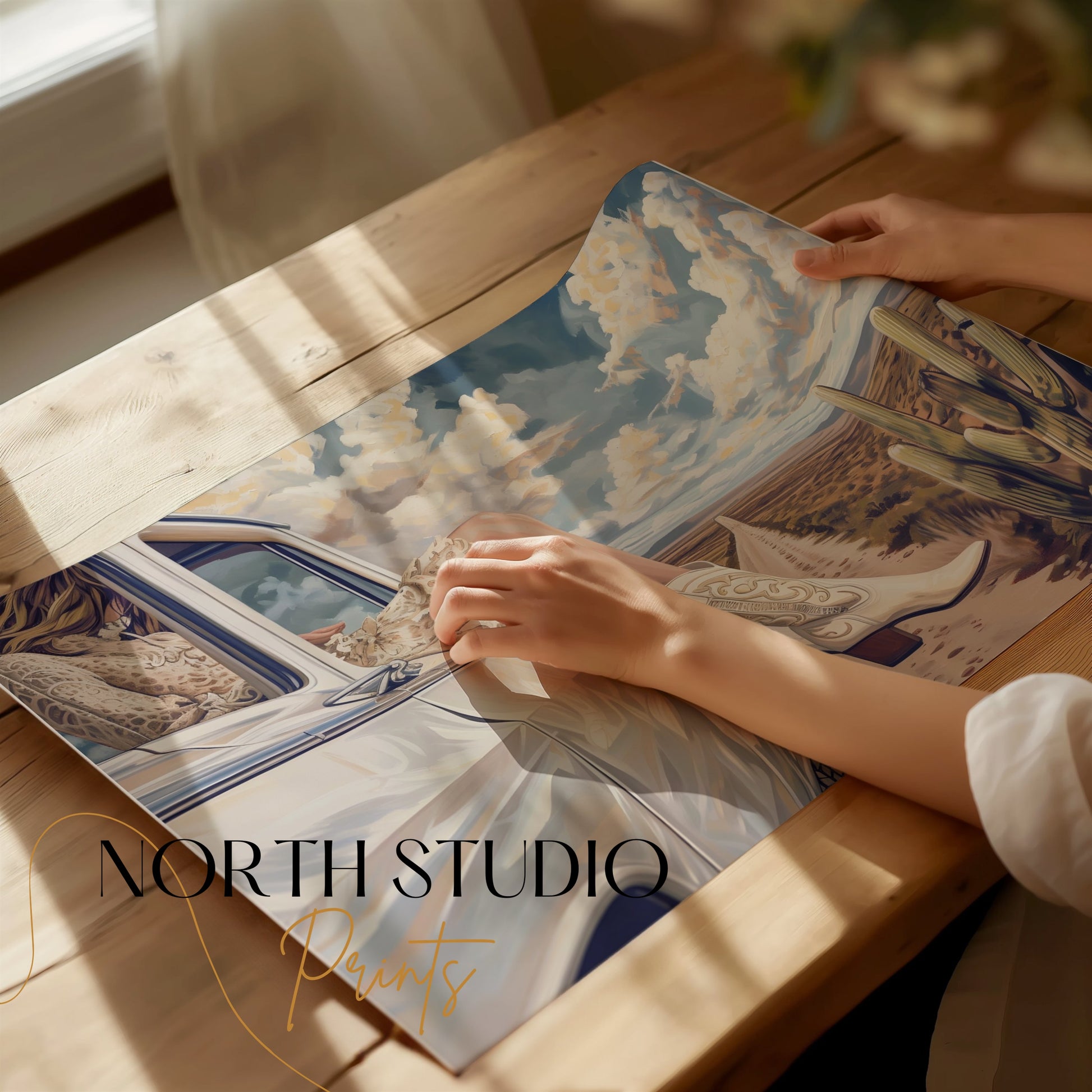 Premium Poster of Adventure in Desert Road with White Car Artwork Posters