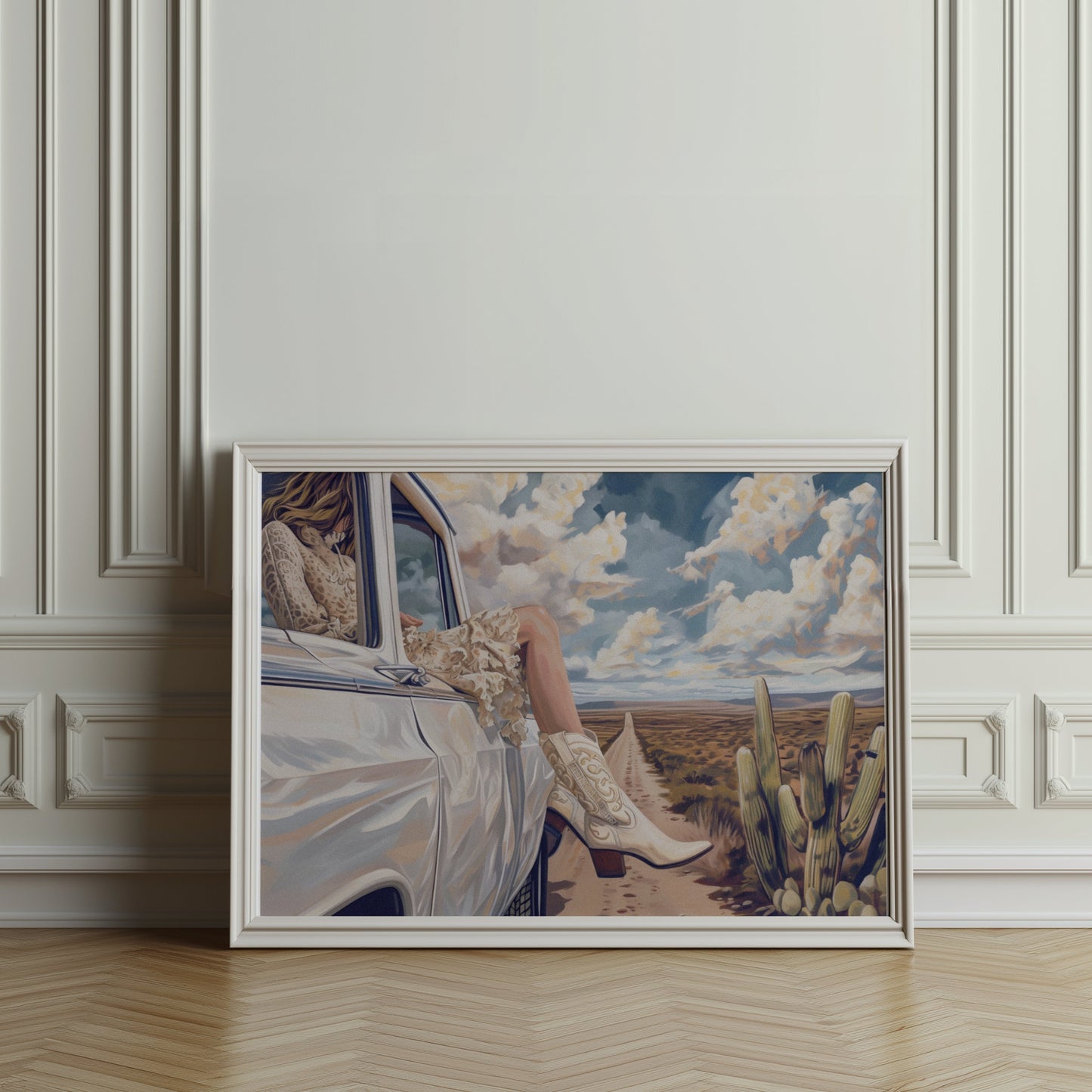 Premium Poster of Adventure in Desert Road with White Car Artwork Posters