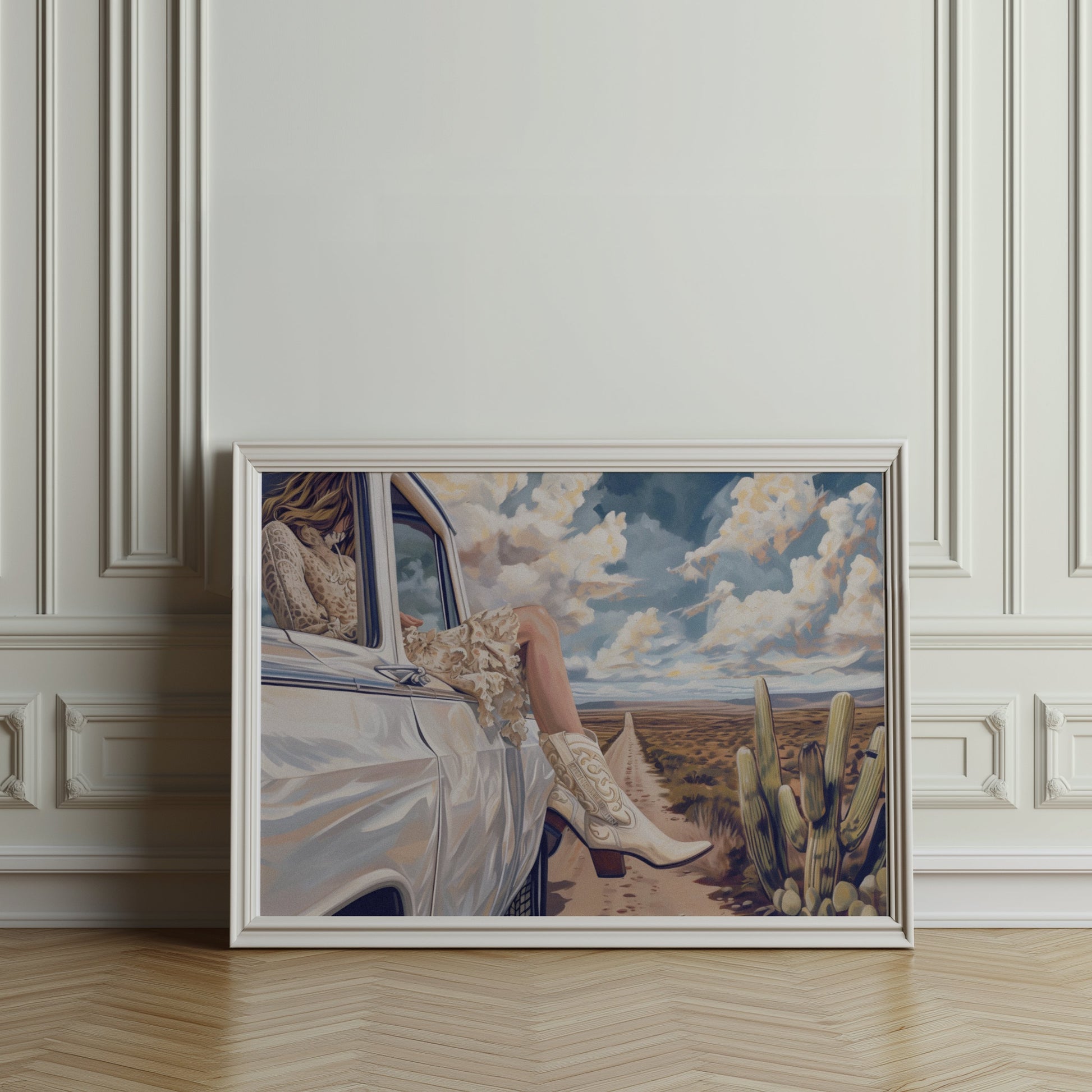 Premium Poster of Adventure in Desert Road with White Car Artwork Posters