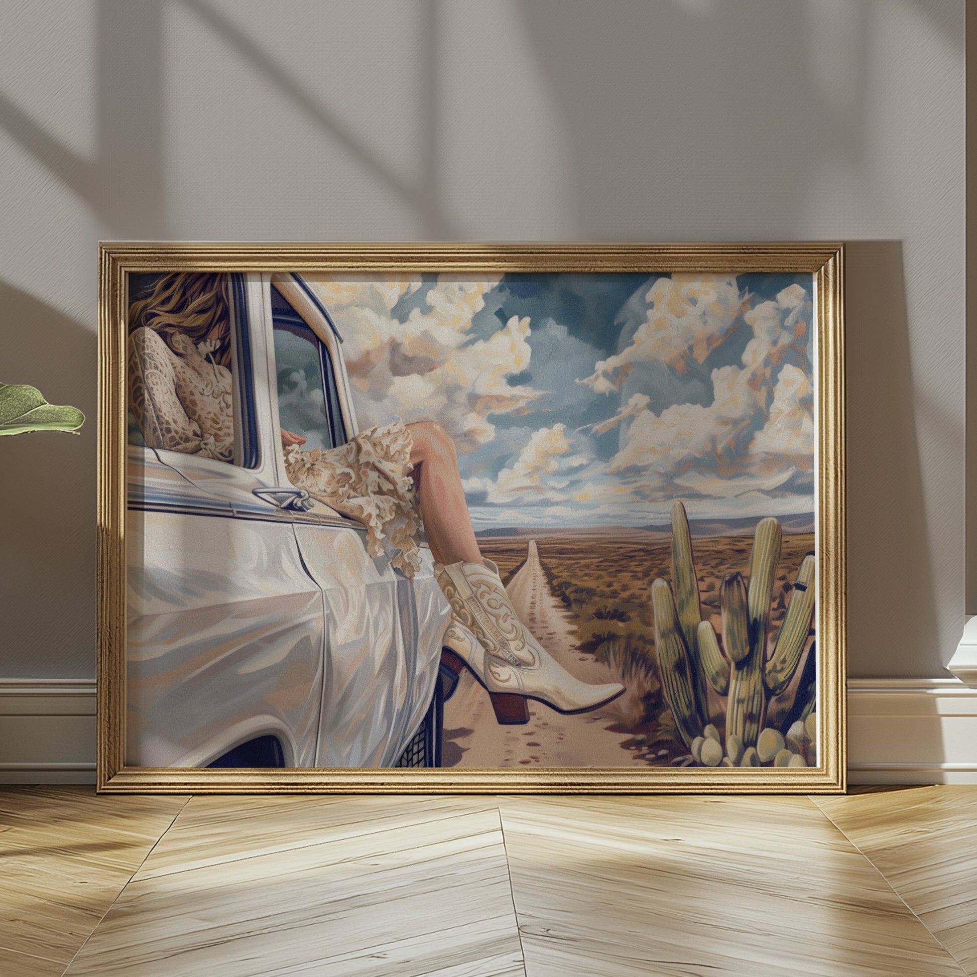 Premium Poster of Adventure in Desert Road with White Car Artwork Posters