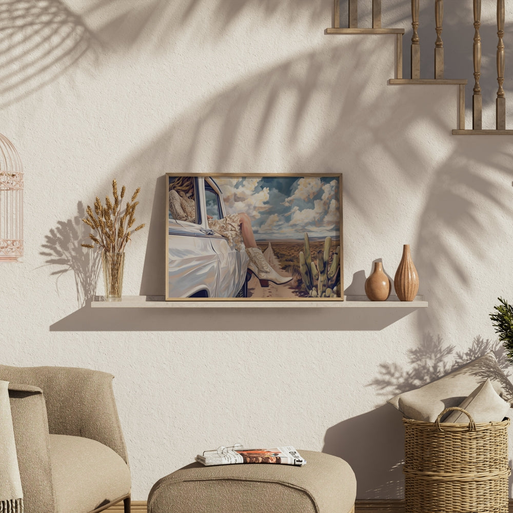 Premium Poster of Adventure in Desert Road with White Car Artwork Posters