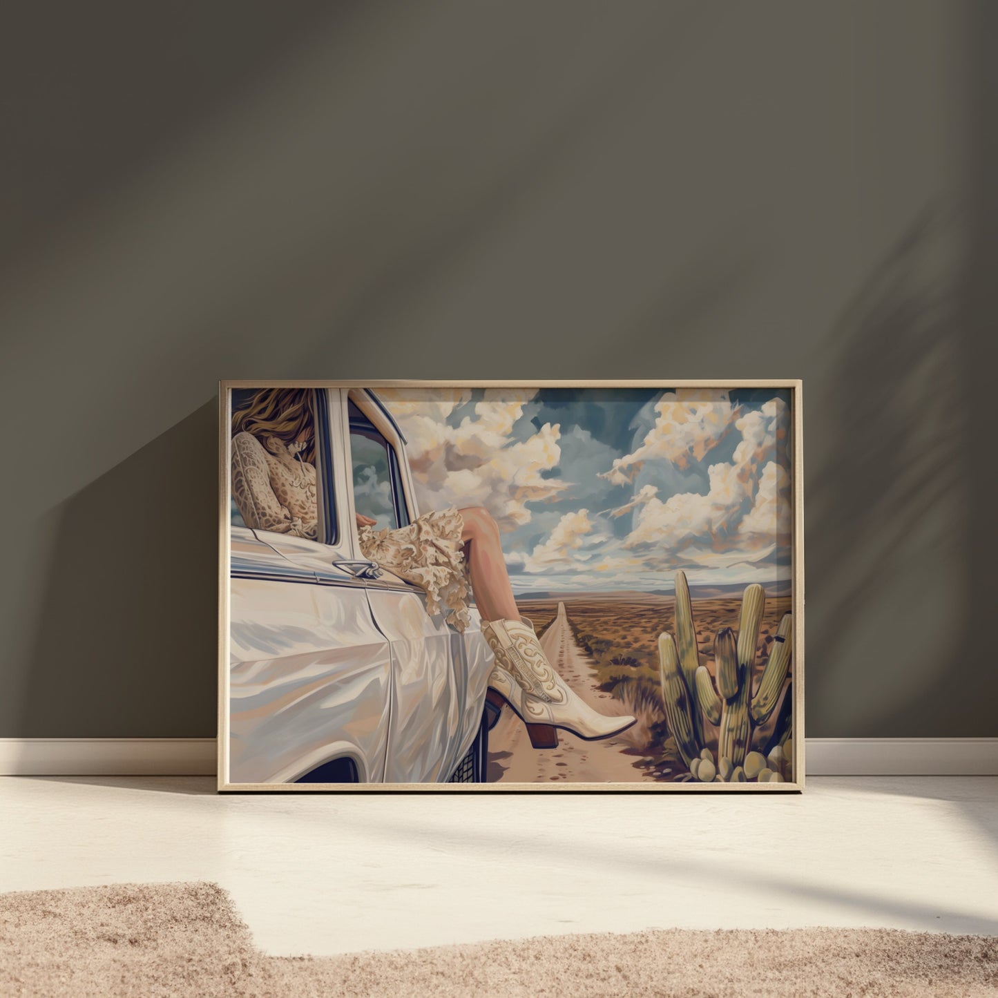 Premium Poster of Adventure in Desert Road with White Car Artwork Posters