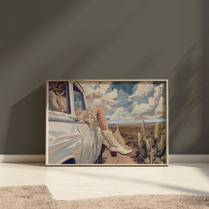 Premium Poster of Adventure in Desert Road with White Car Artwork Posters