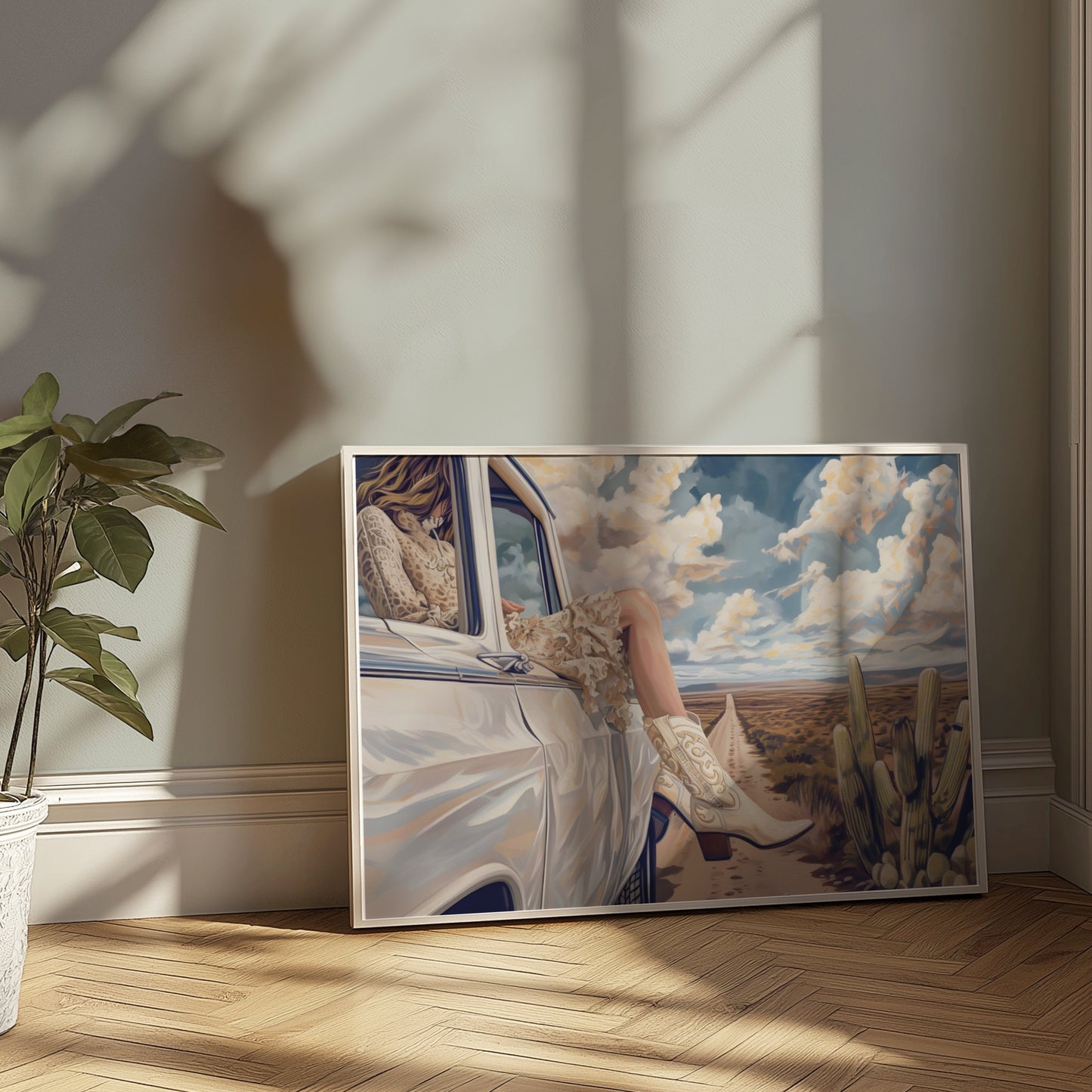 Premium Poster of Adventure in Desert Road with White Car Artwork Posters