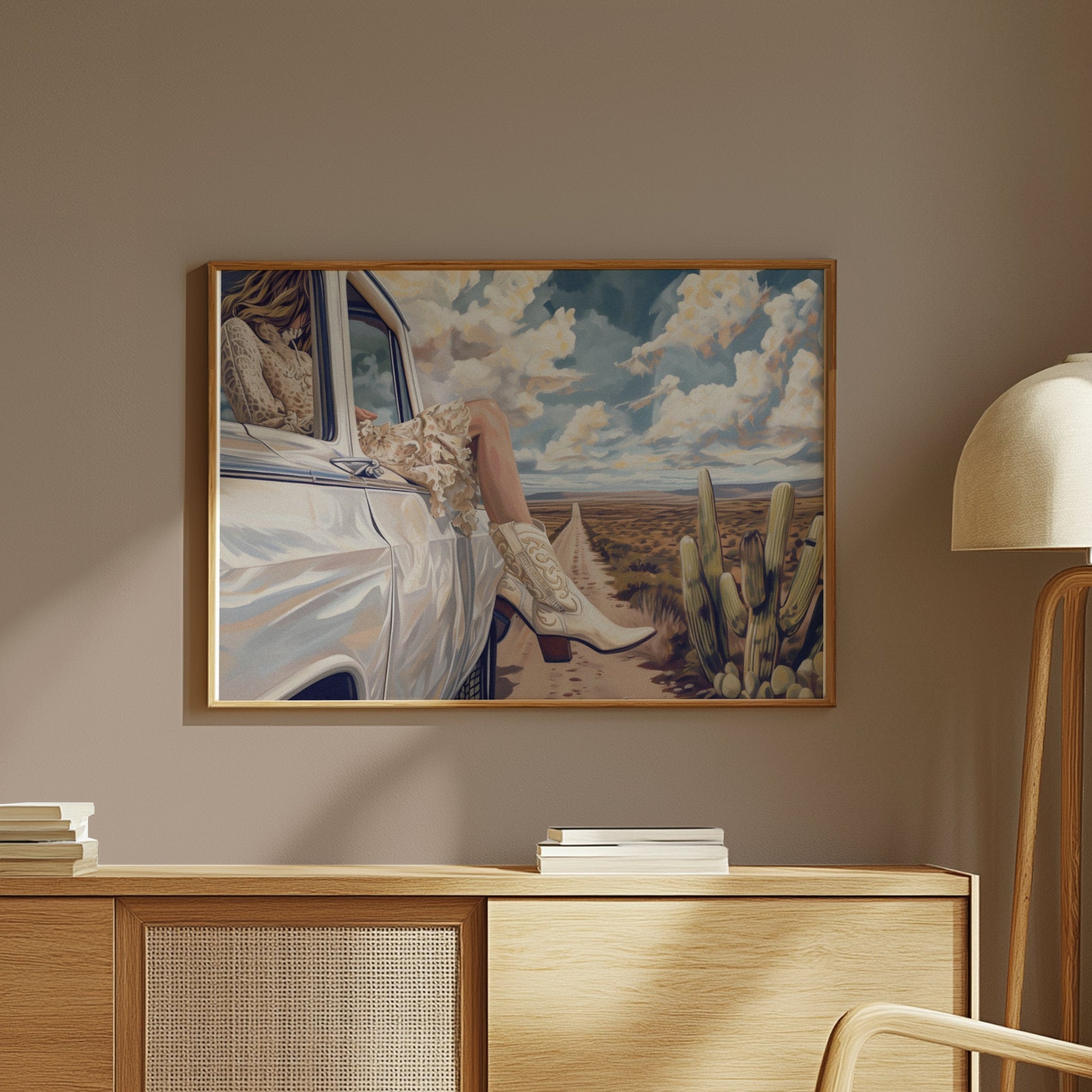 Premium Poster of Adventure in Desert Road with White Car Artwork Posters