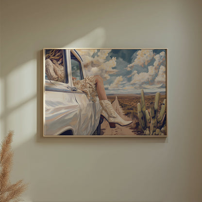 Premium Poster of Adventure in Desert Road with White Car Artwork Posters
