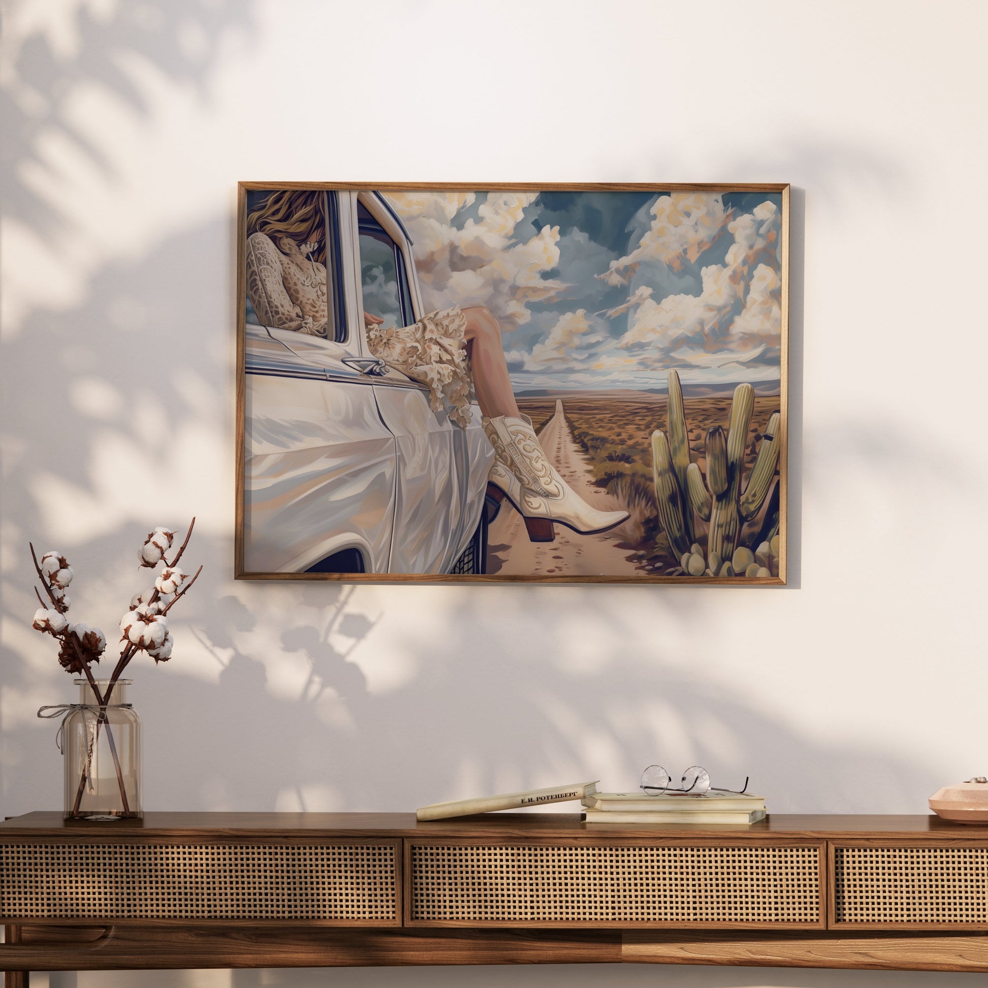 Premium Poster of Adventure in Desert Road with White Car Artwork Posters