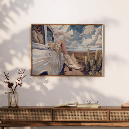 Premium Poster of Adventure in Desert Road with White Car Artwork Posters