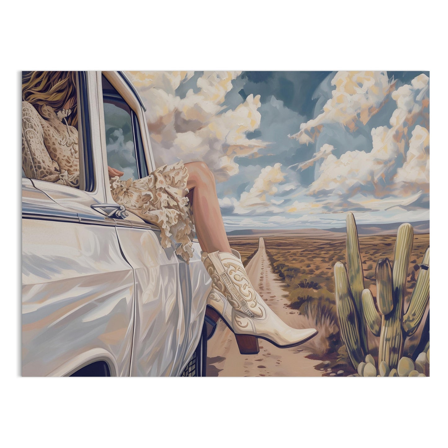 Premium Poster of Adventure in Desert Road with White Car Artwork Posters