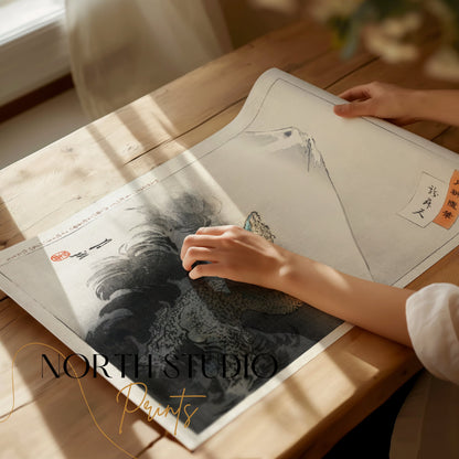 Premium Poster of Ancient Japanese Dragon with Mountain Scenery Posters
