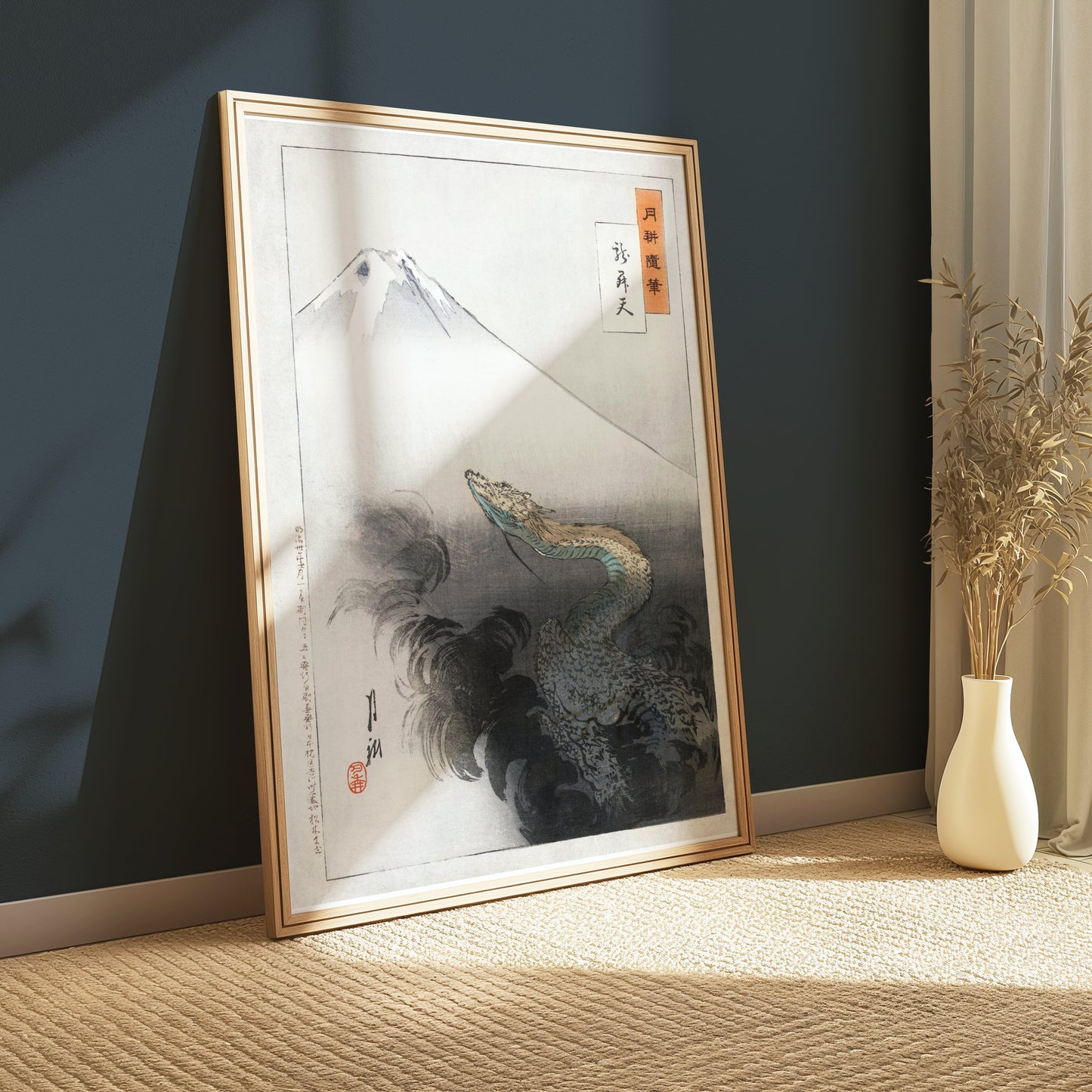 Premium Poster of Ancient Japanese Dragon with Mountain Scenery Posters