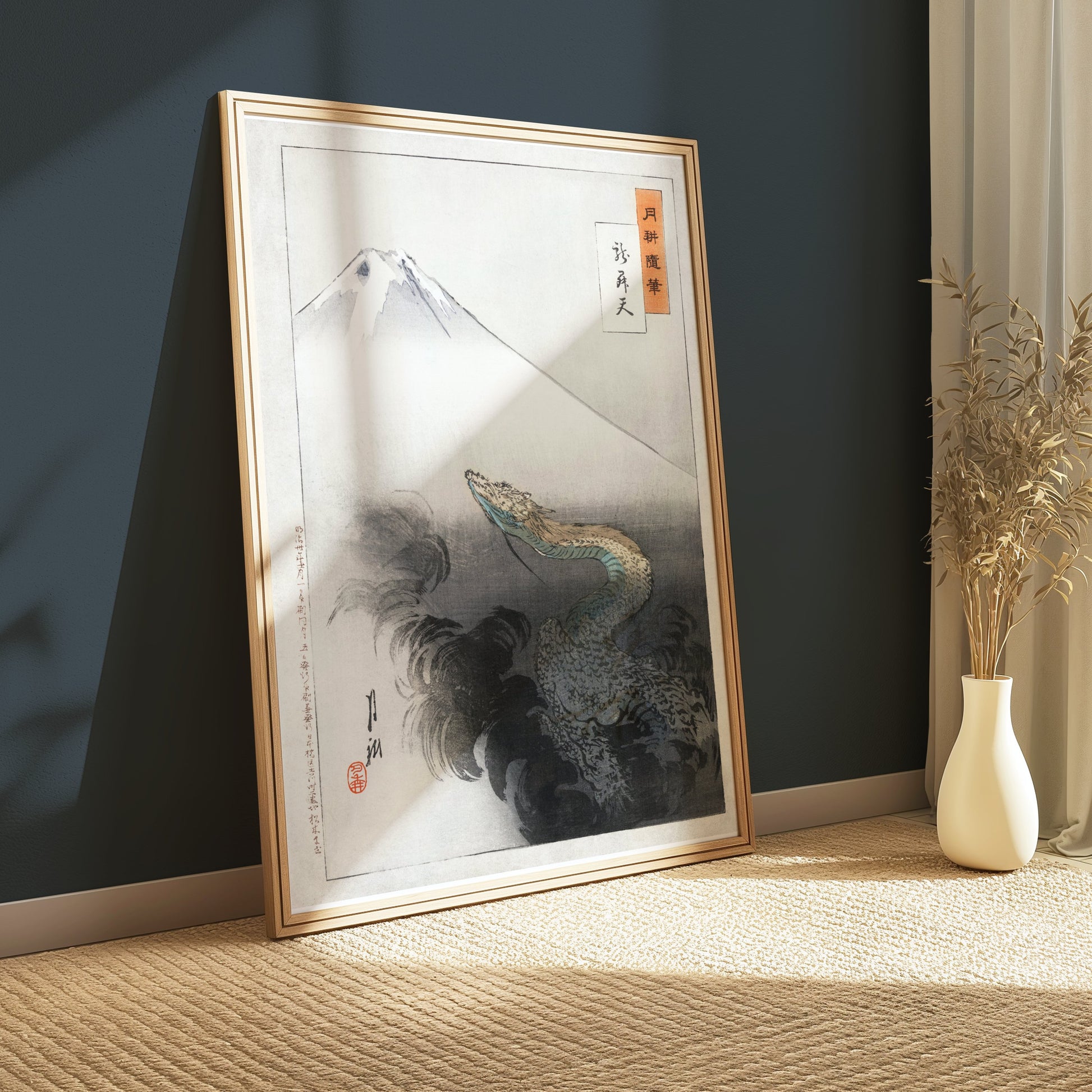 Premium Poster of Ancient Japanese Dragon with Mountain Scenery Posters
