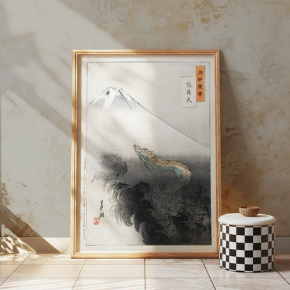 Premium Poster of Ancient Japanese Dragon with Mountain Scenery Posters