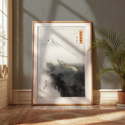 Premium Poster of Ancient Japanese Dragon with Mountain Scenery Posters