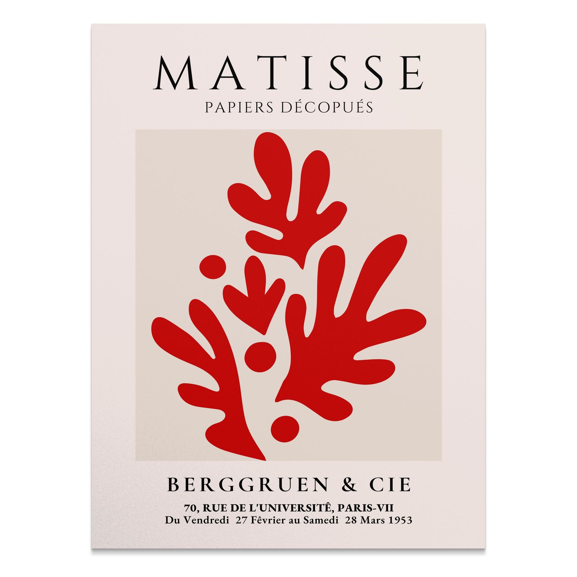 Art Exhibition Matisse Papiers Découpés poster featuring bold red abstract paper cutout design on a beige background with exhibition details.