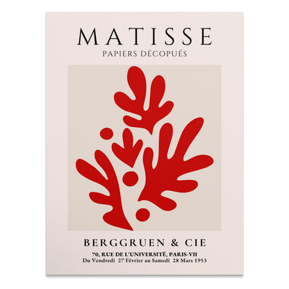 Art Exhibition Matisse Papiers Découpés poster featuring bold red abstract paper cutout design on a beige background with exhibition details.