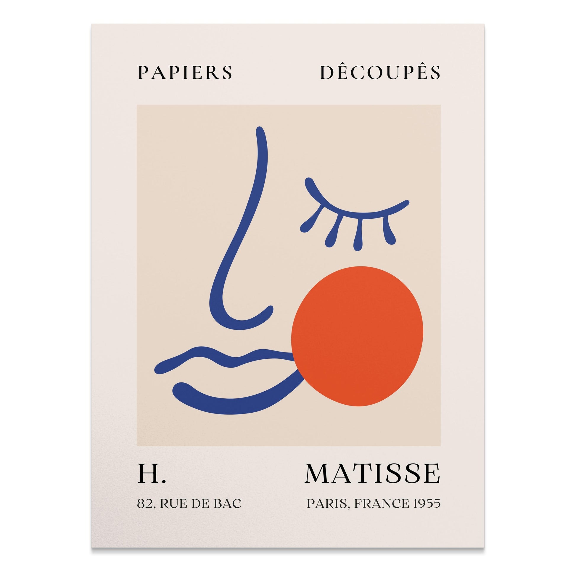 Artistic Matisse Papercut Face Design Wall Art Poster featuring a minimalistic abstract face with bold blue lines and a red circle on a beige background.