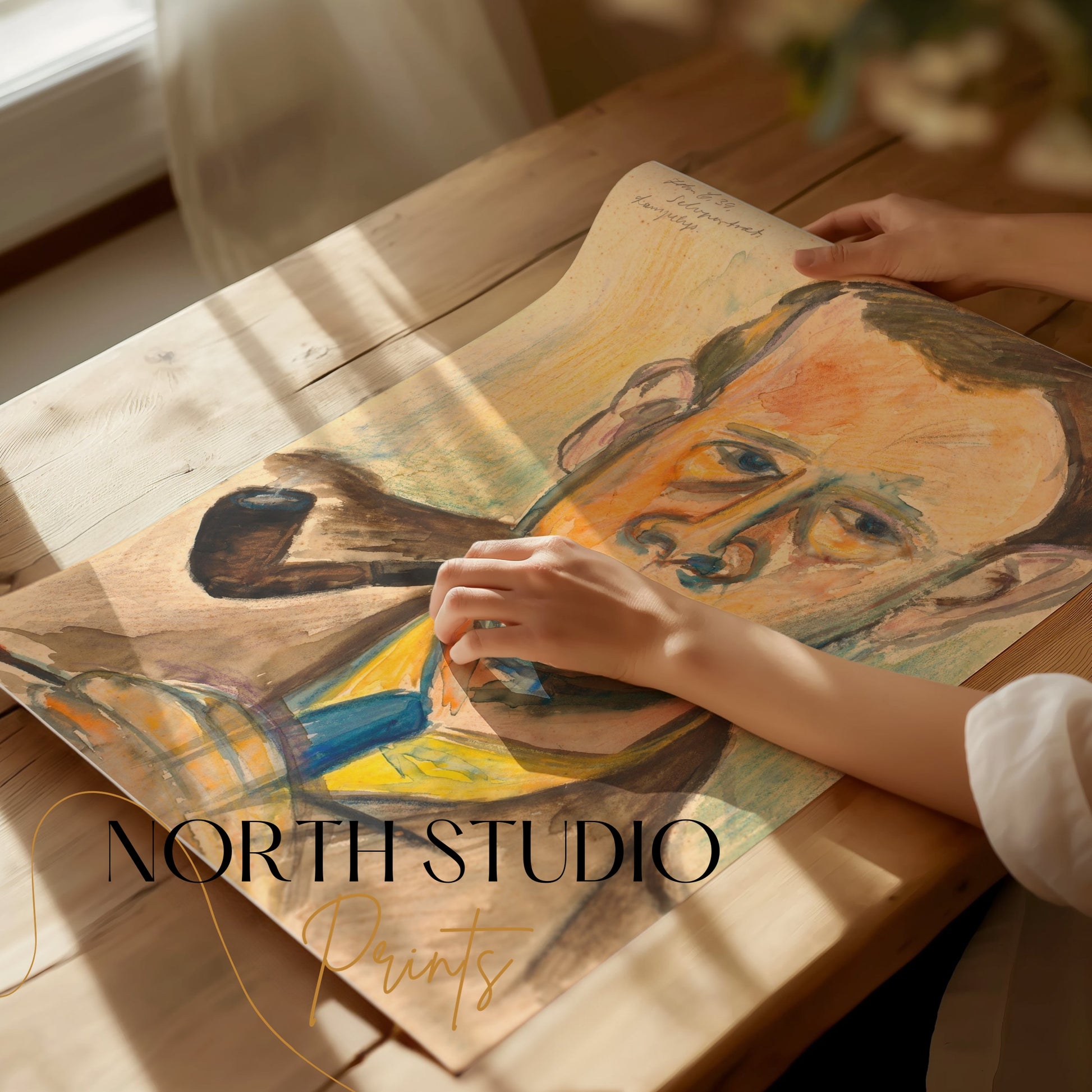 Premium Poster of Artistic Watercolor Portrait With Pipe Posters