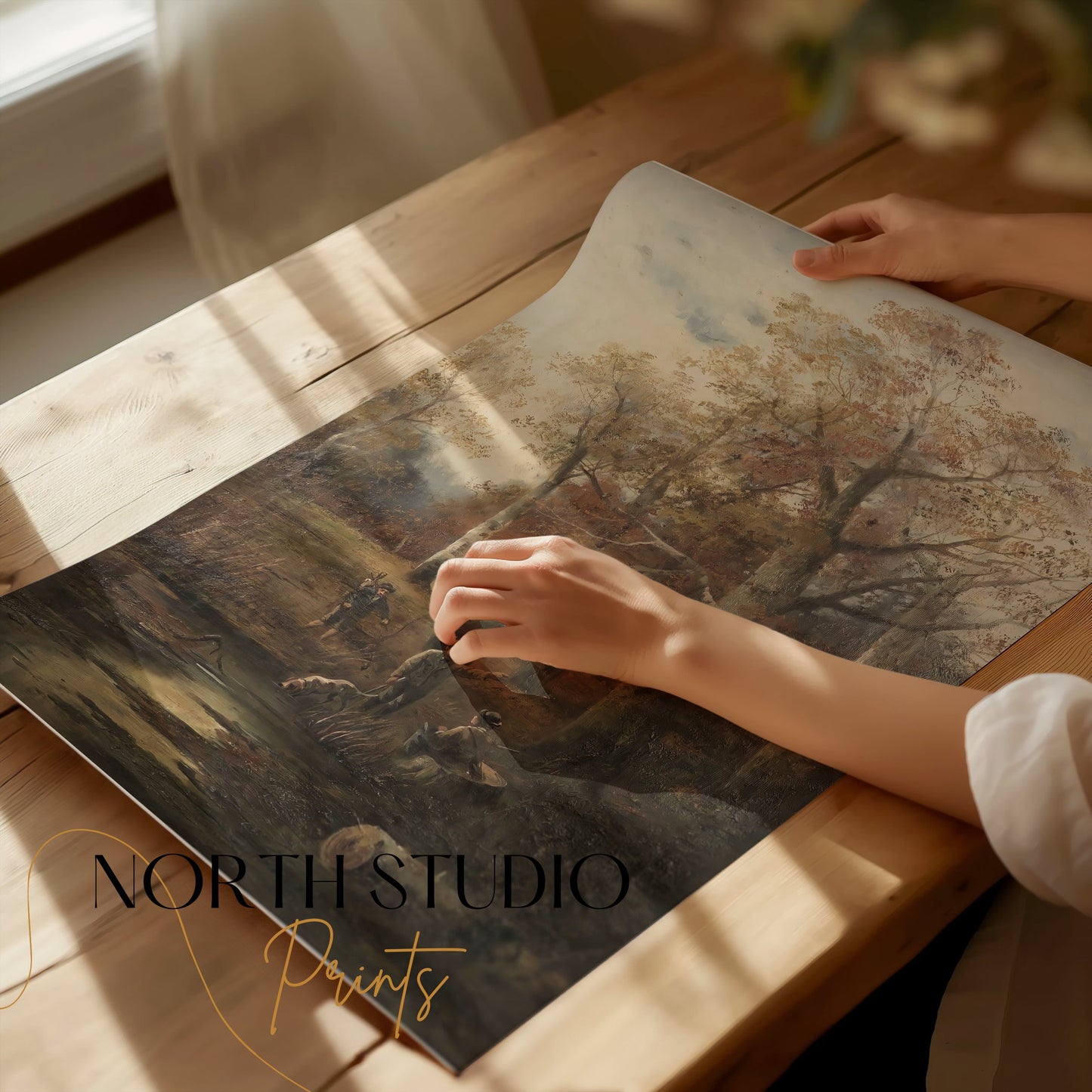 Premium Poster of Autumn Forest Scene with Hunters Art Print Posters