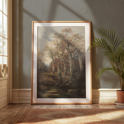 Premium Poster of Autumn Forest Scene with Hunters Art Print Posters
