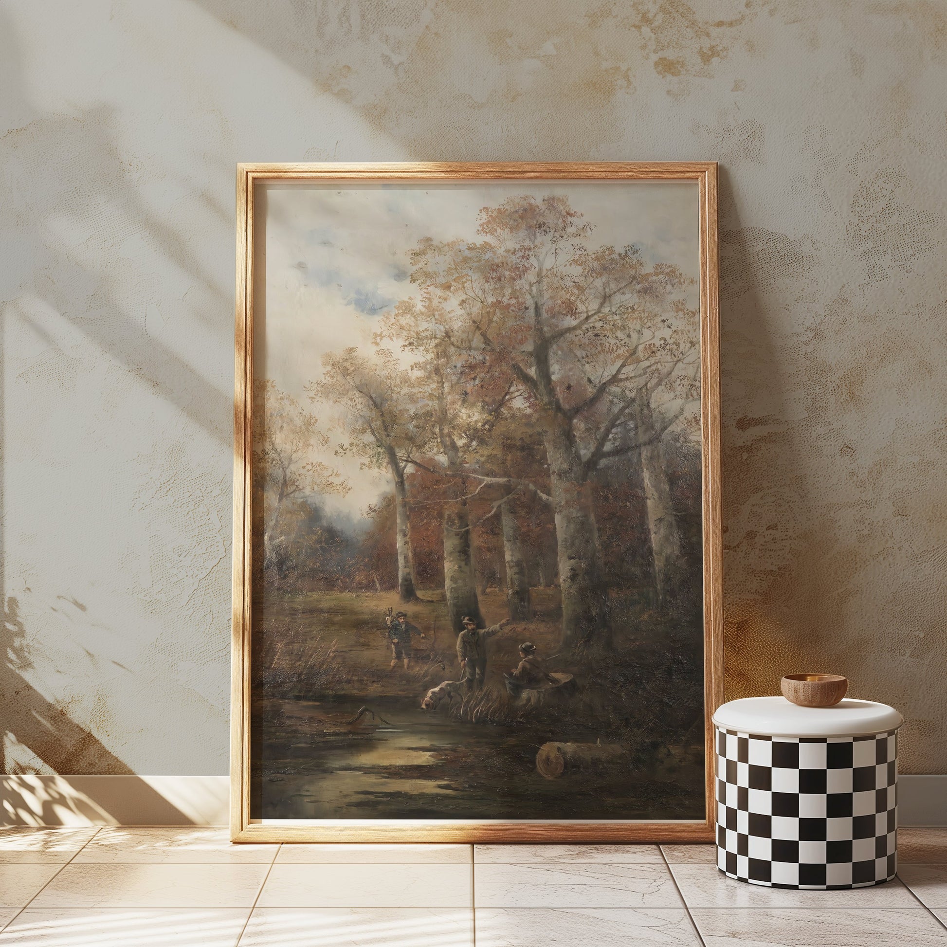 Premium Poster of Autumn Forest Scene with Hunters Art Print Posters