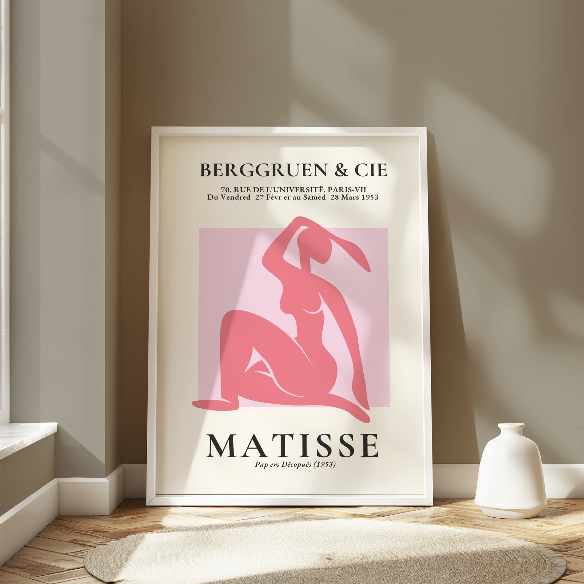 BERGGRUEN & CIE Matisse exhibition vintage poster in a white frame, displayed in a minimalist room with natural light and neutral decor.