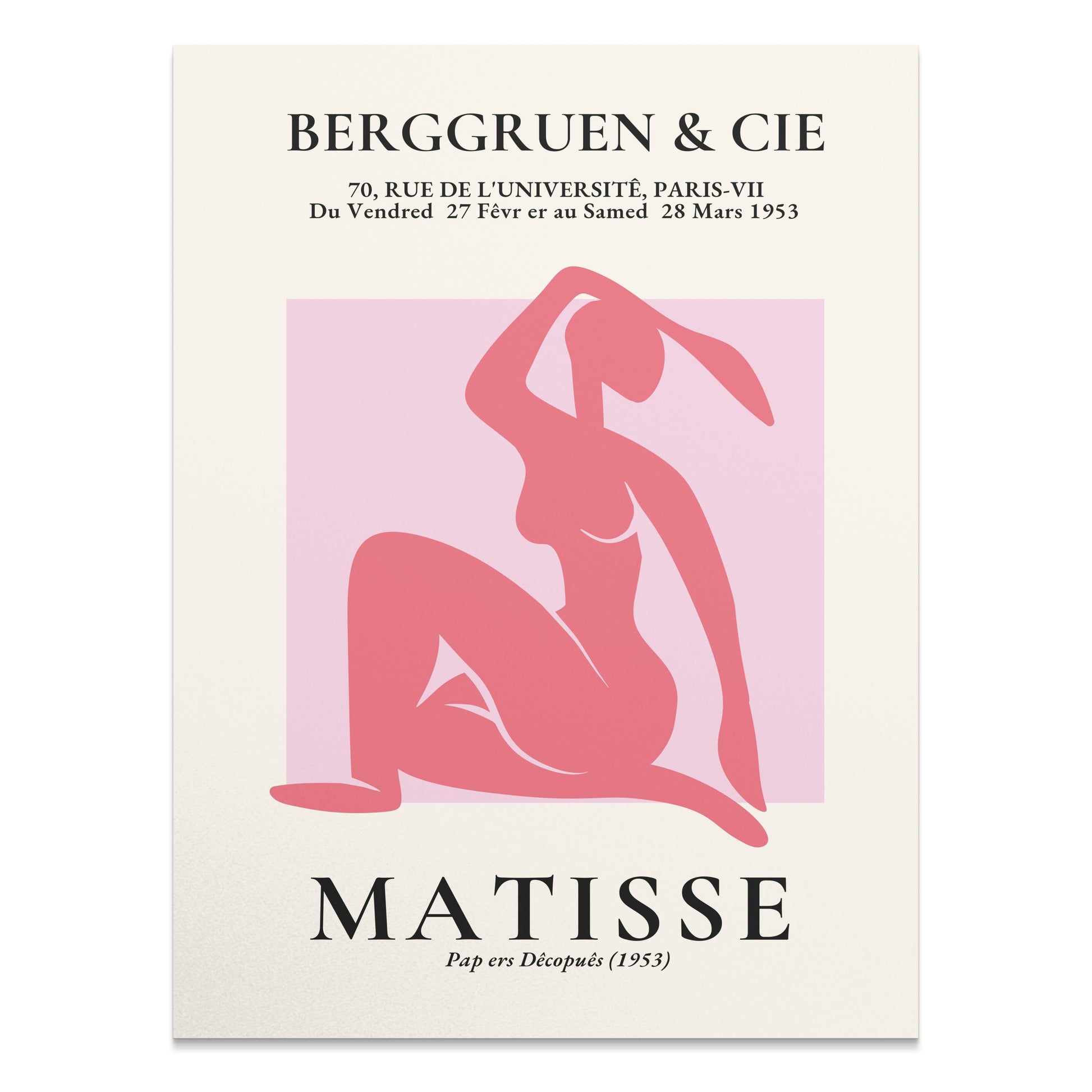BERGGRUEN & CIE Matisse exhibition vintage poster featuring a pink silhouette cut-out design from 1953 on a cream background.