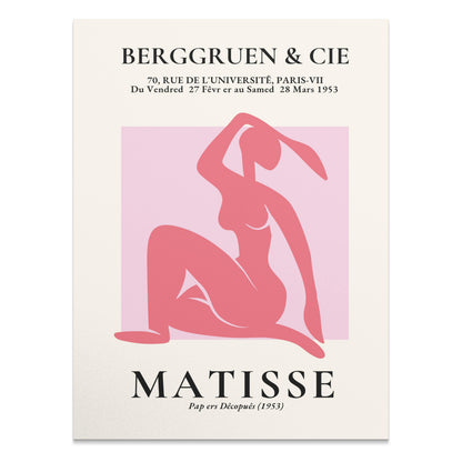 BERGGRUEN & CIE Matisse exhibition vintage poster featuring a pink silhouette cut-out design from 1953 on a cream background.