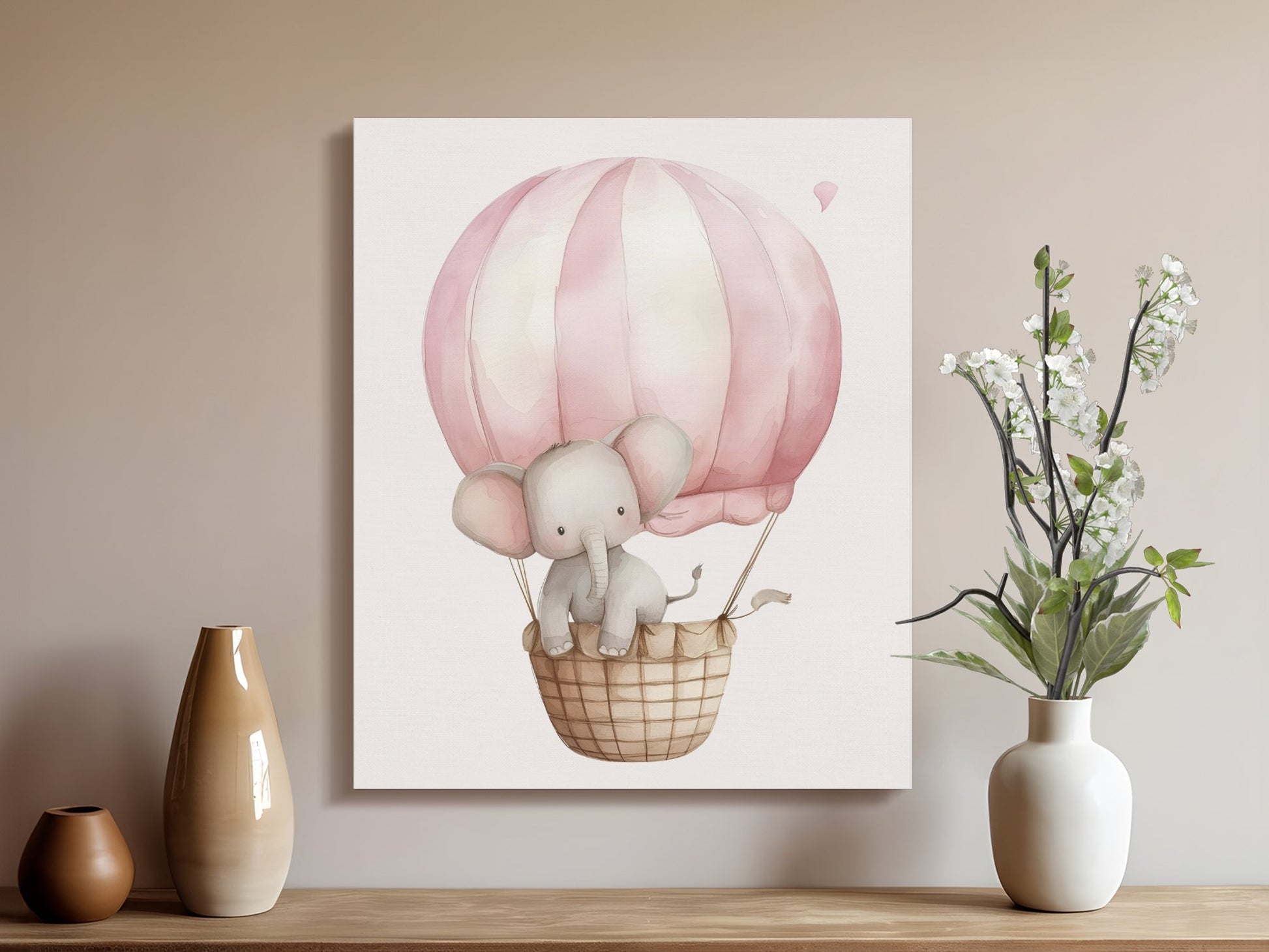 Premium Poster of Baby Elephant Hot Air Balloon Canvas Wraps