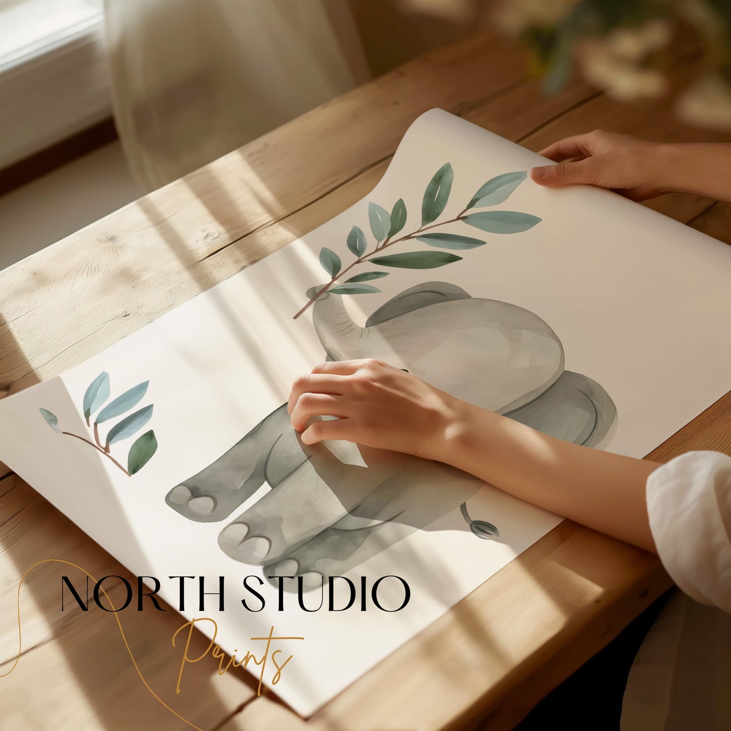 Premium Poster of Baby Elephant with Plant Illustration Posters