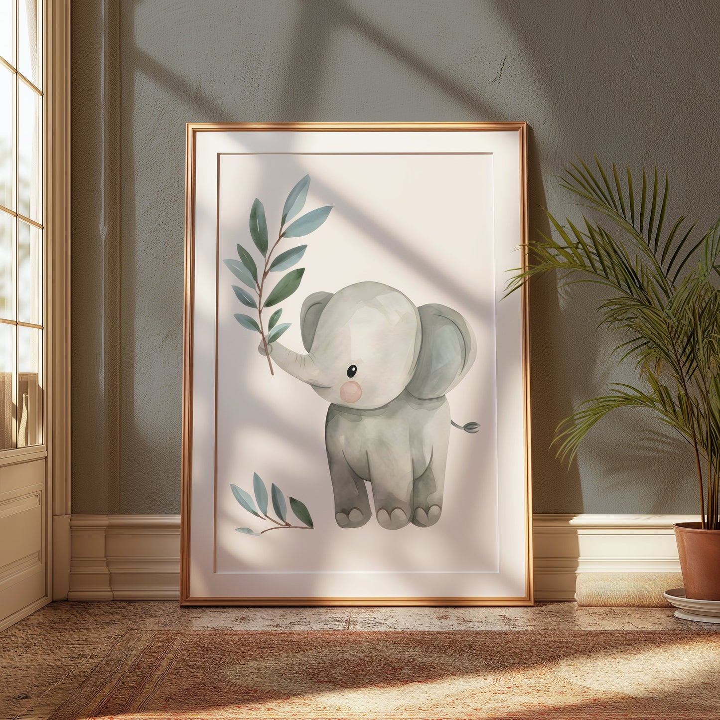 Premium Poster of Baby Elephant with Plant Illustration Posters