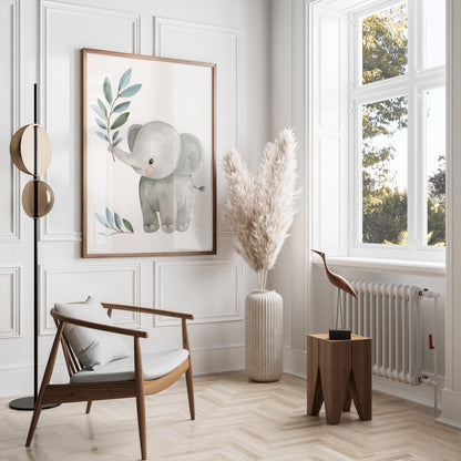 Premium Poster of Baby Elephant with Plant Illustration Posters