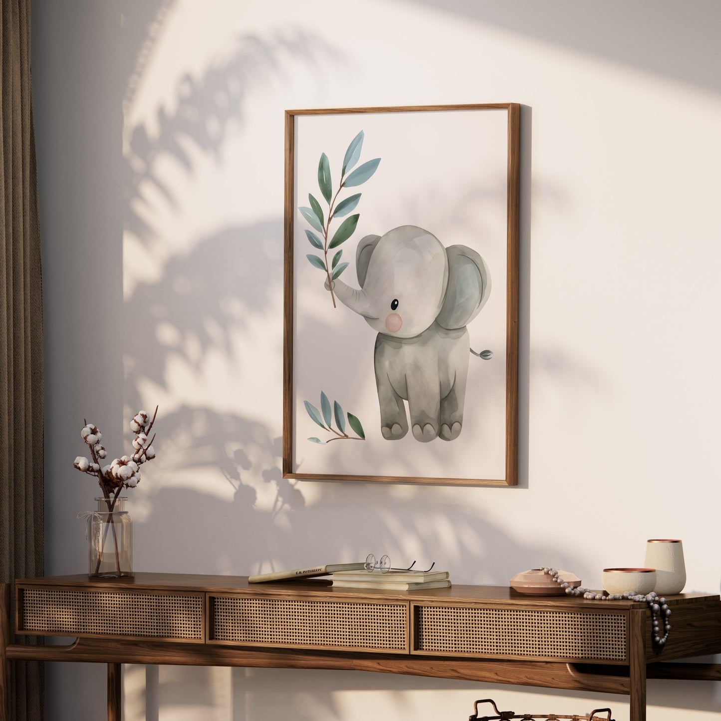 Premium Poster of Baby Elephant with Plant Illustration Posters