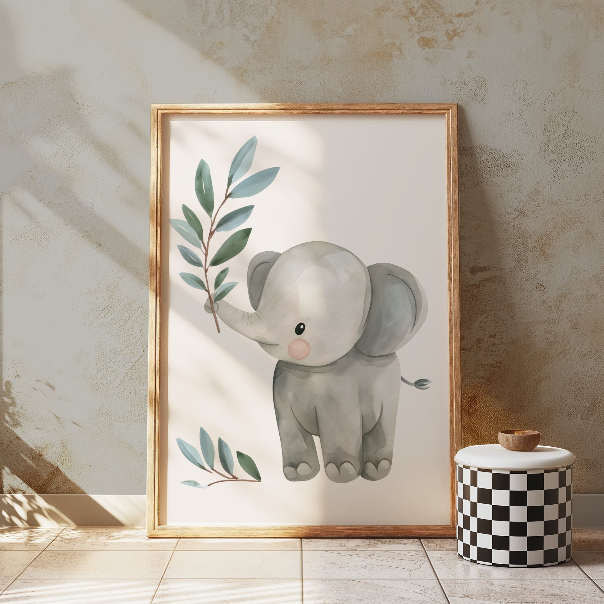 Premium Poster of Baby Elephant with Plant Illustration Posters