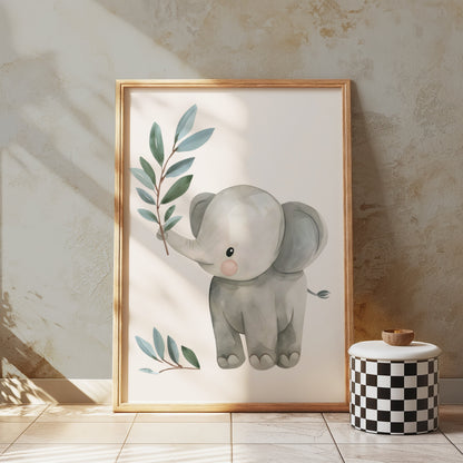 Premium Poster of Baby Elephant with Plant Illustration Posters