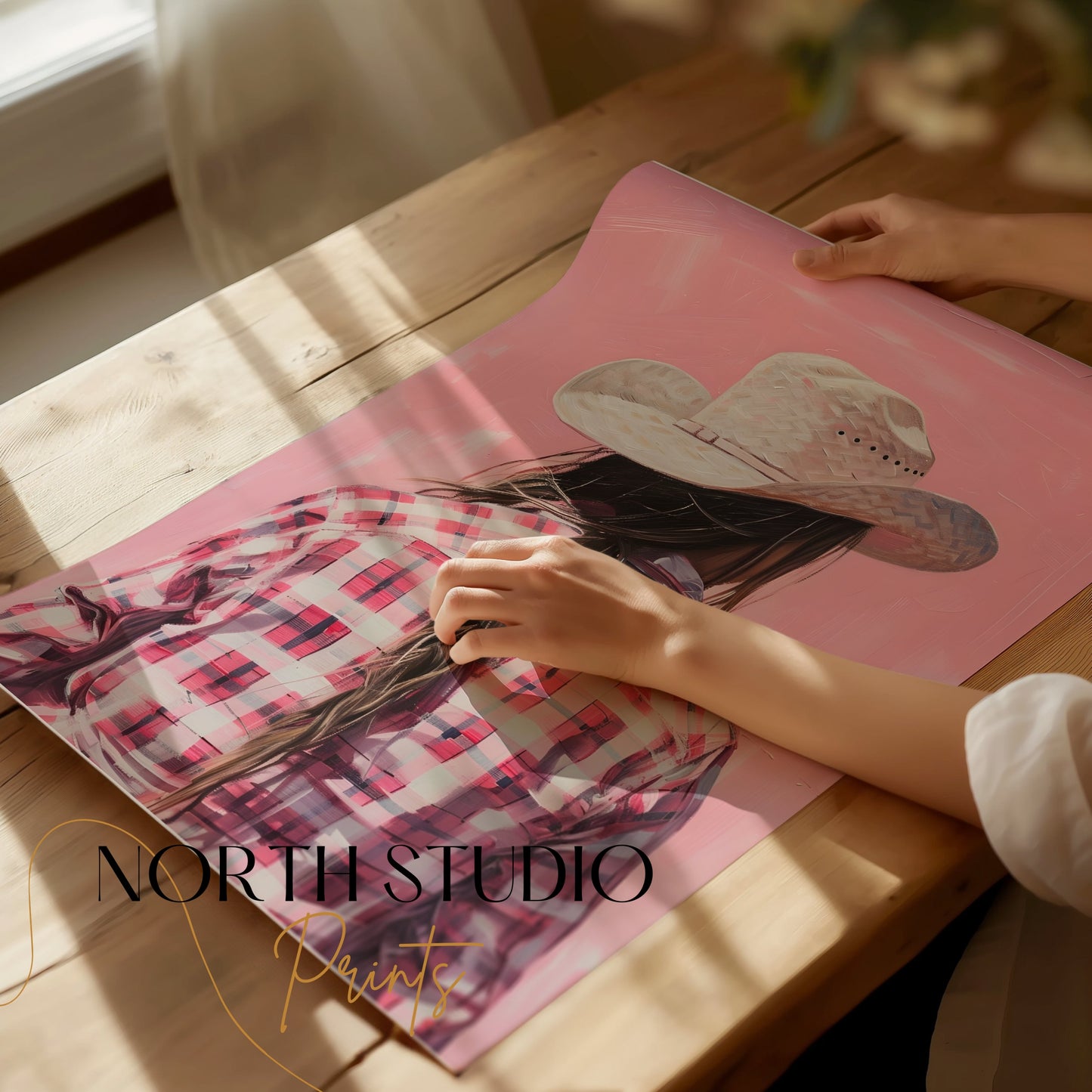 Premium Poster of Backview of a Woman in Plaid Shirt with Cowboy Hat Posters