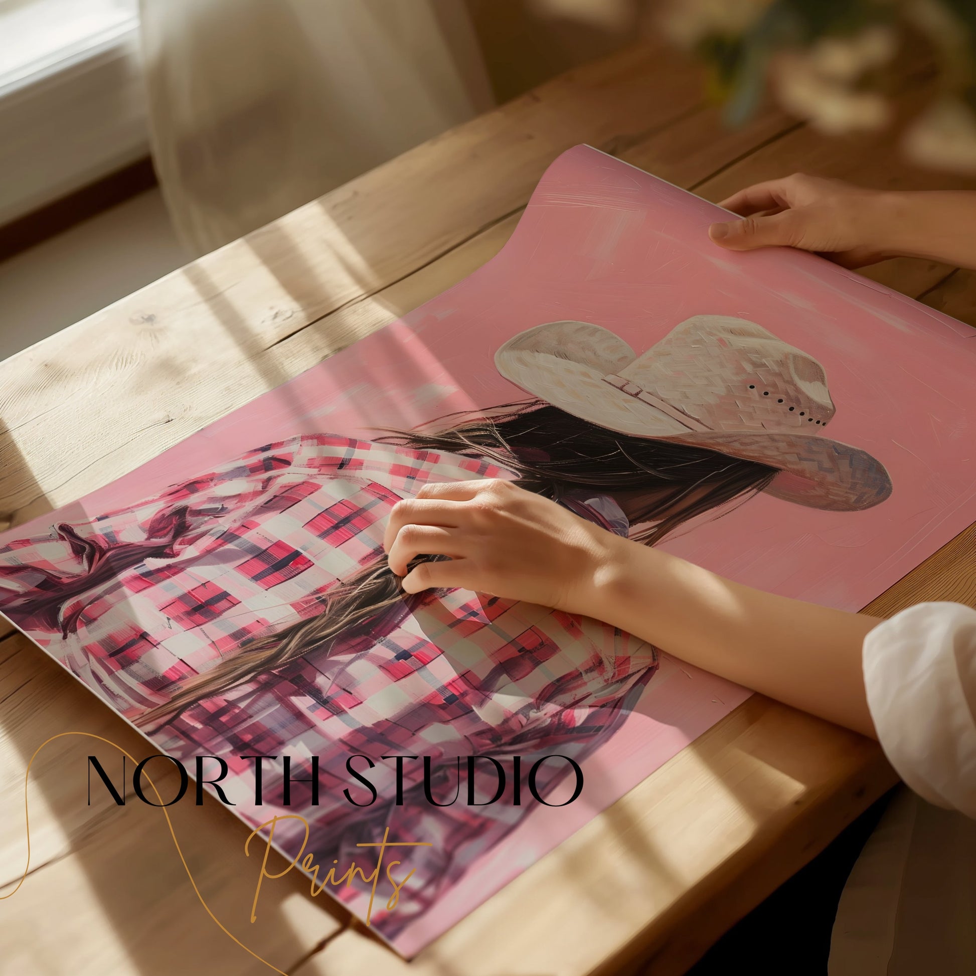 Premium Poster of Backview of a Woman in Plaid Shirt with Cowboy Hat Posters